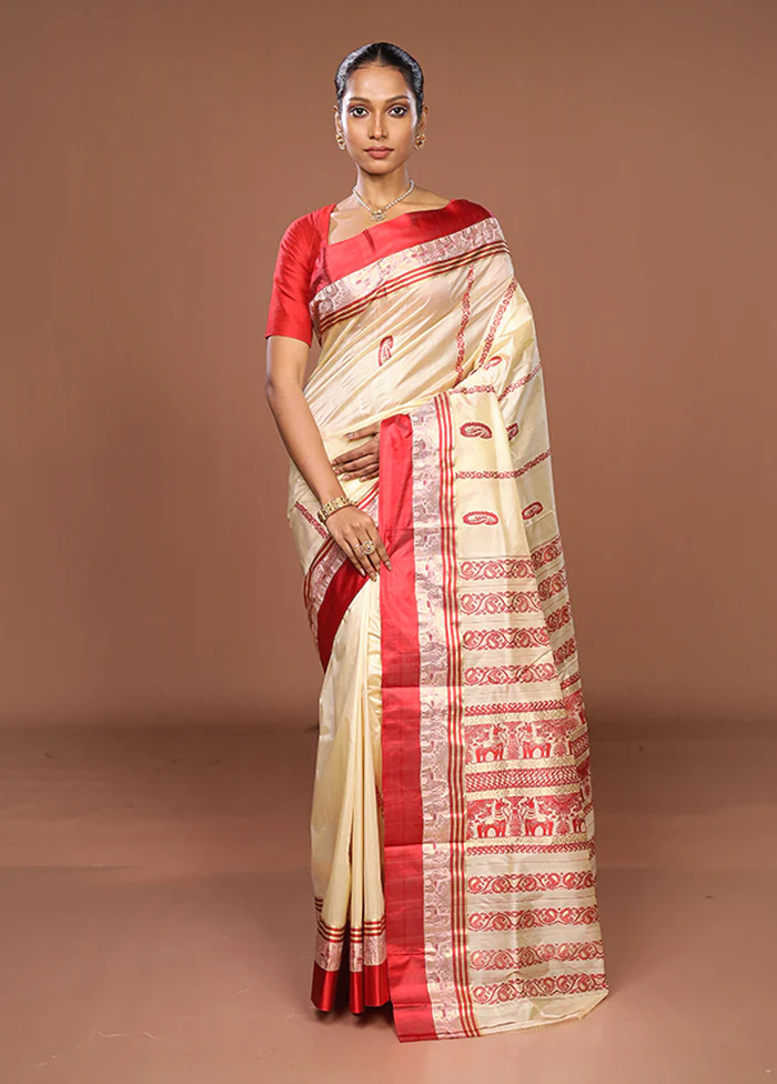 White Garad Pure Silk Saree Without Blouse Piece - Image 2