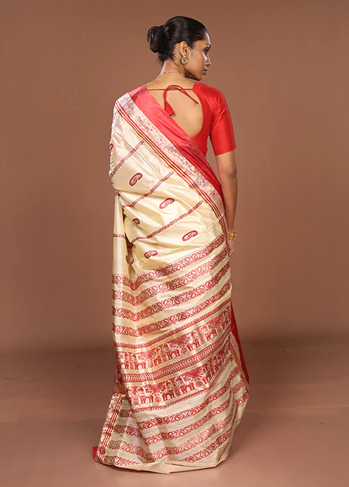 White Garad Pure Silk Saree Without Blouse Piece - Image 3