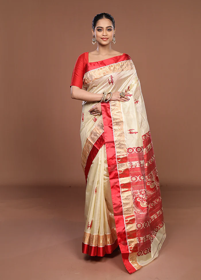 White Garad Pure Silk Saree Without Blouse Piece - Image 2