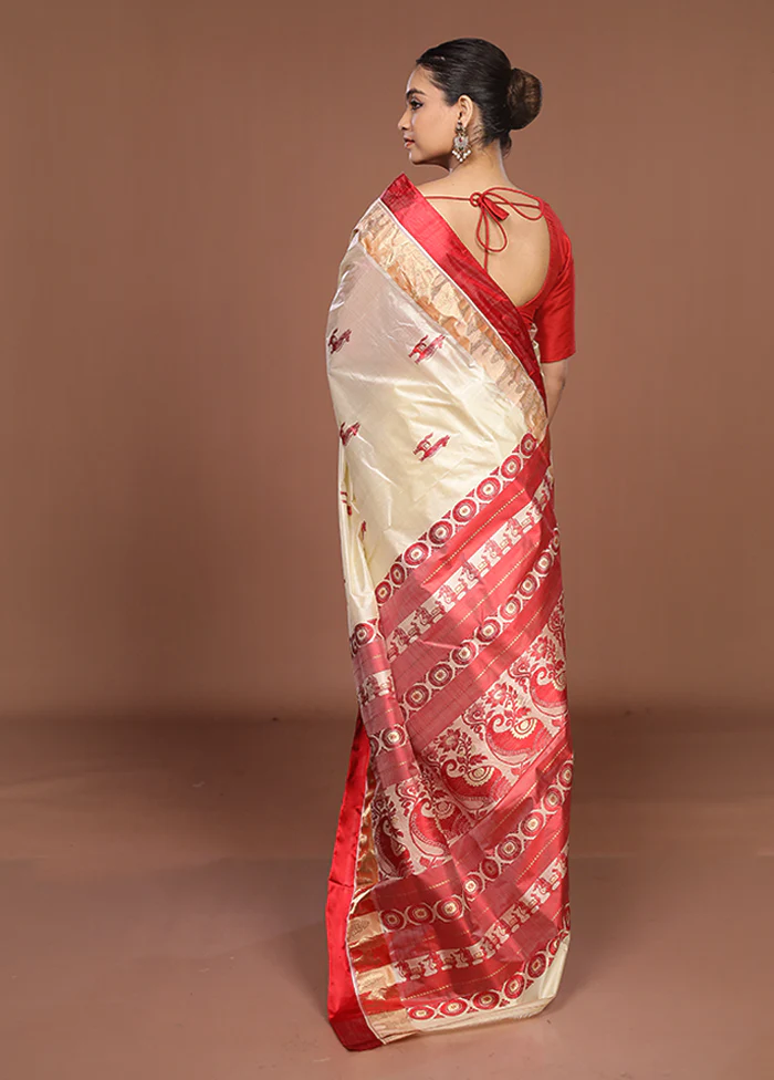 White Garad Pure Silk Saree Without Blouse Piece - Image 3