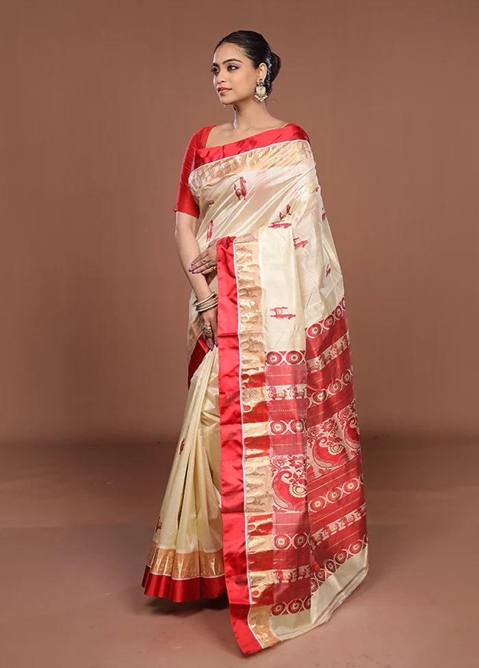 White Garad Pure Silk Saree Without Blouse Piece - Image 4