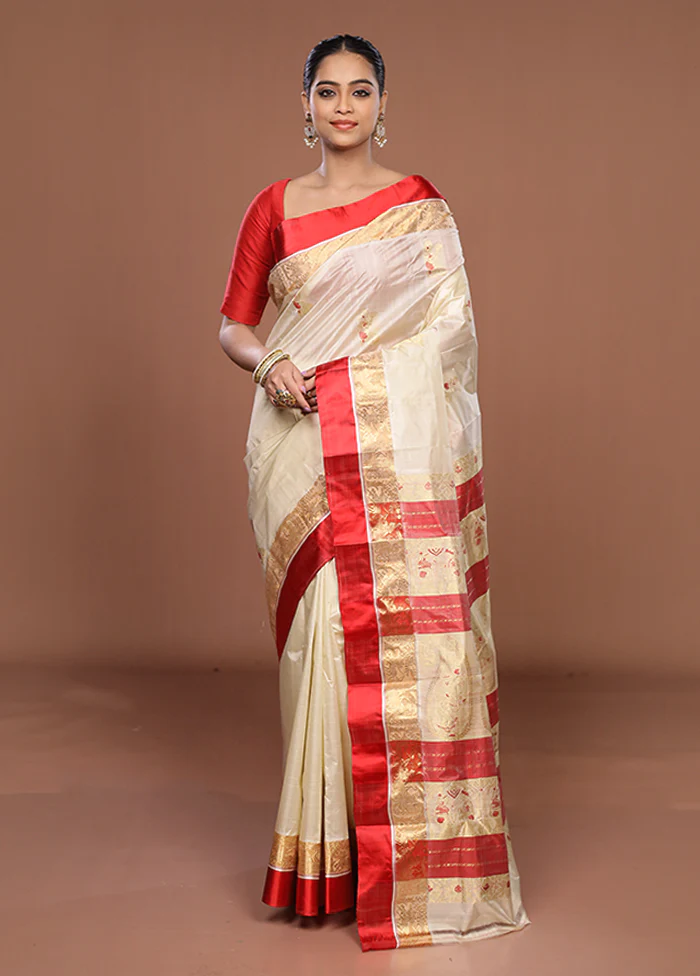 White Garad Pure Silk Saree Without Blouse Piece - Image 2