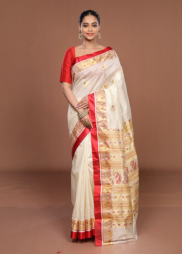 White Garad Pure Silk Saree Without Blouse Piece - Image 2