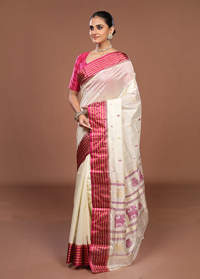 White Garad Silk Saree Without Blouse Piece - Image 4
