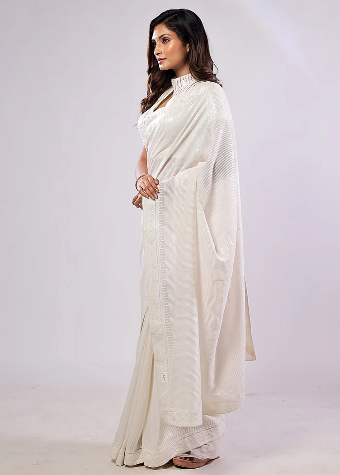 White Georgette Saree With Blouse Piece - Image 3