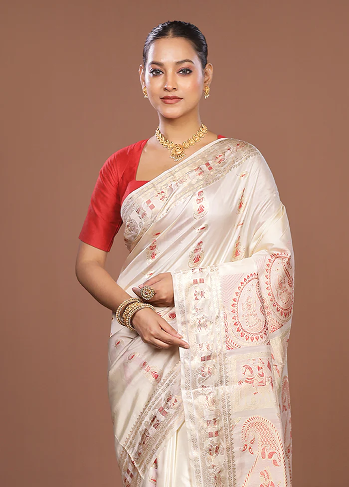 White Handloom Baluchari Pure Silk Saree With Blouse Piece