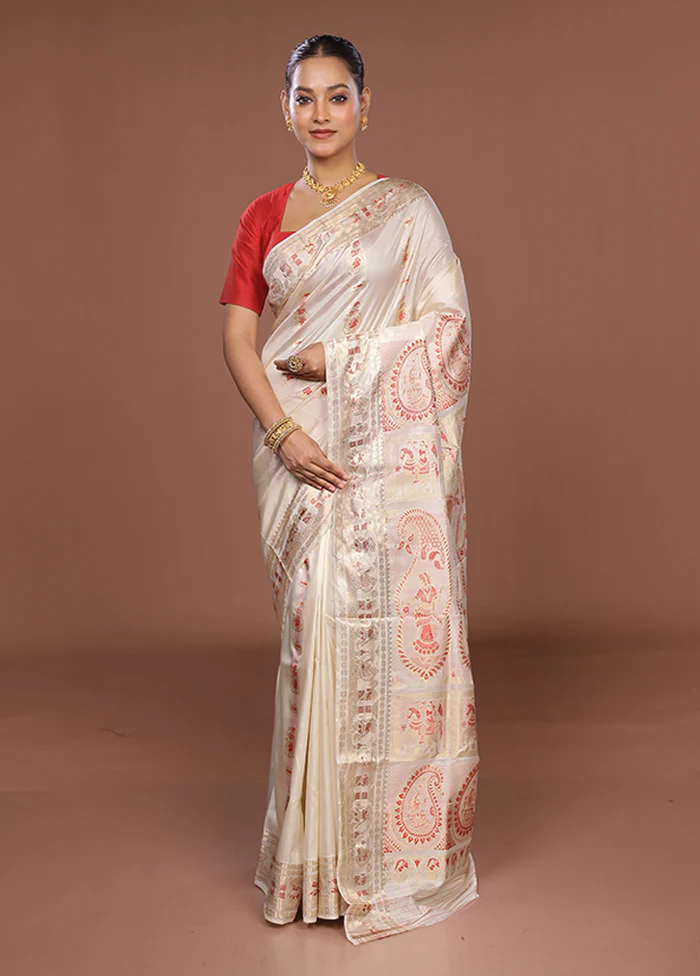 White Handloom Baluchari Pure Silk Saree With Blouse Piece - Image 2
