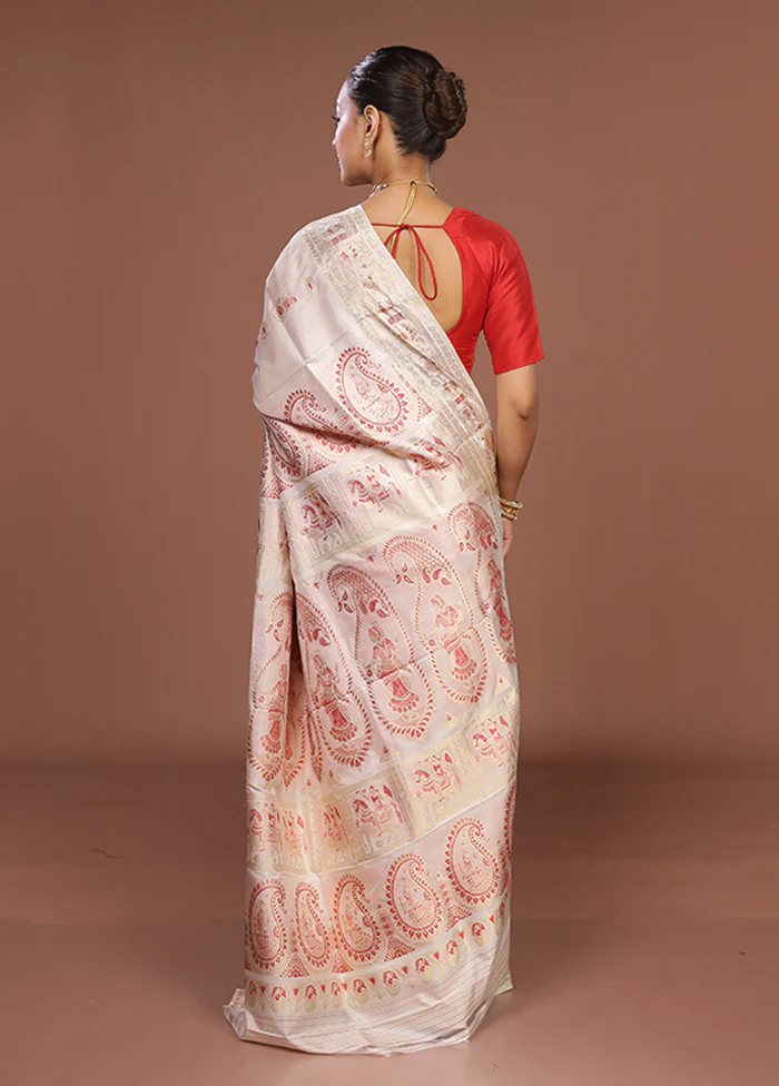 White Handloom Baluchari Pure Silk Saree With Blouse Piece - Image 3