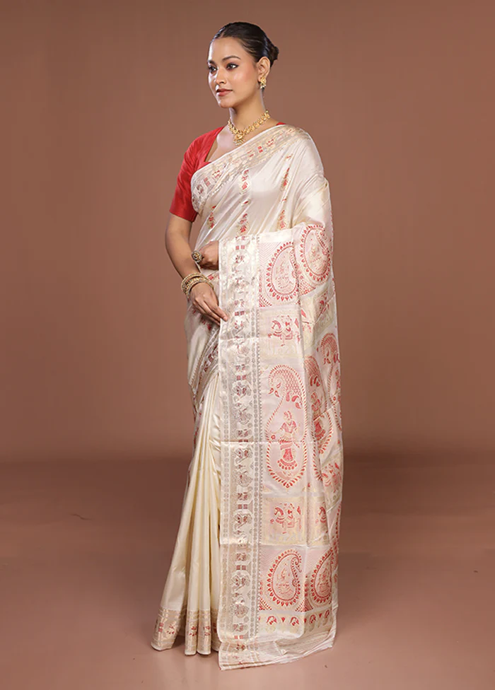 White Handloom Baluchari Pure Silk Saree With Blouse Piece - Image 4