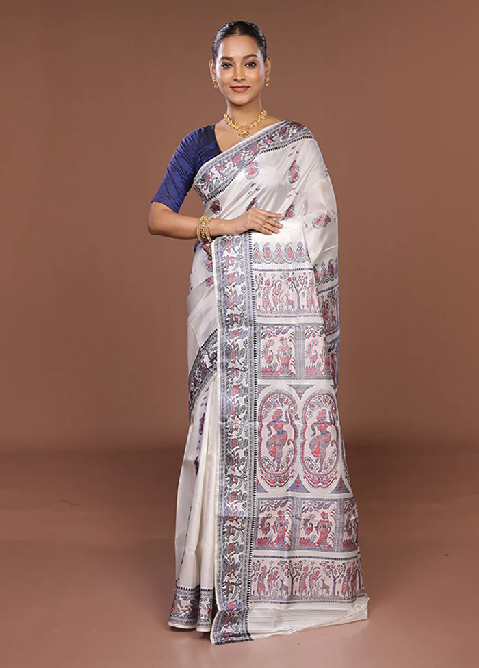 White Handloom Baluchari Pure Silk Saree With Blouse Piece - Image 2