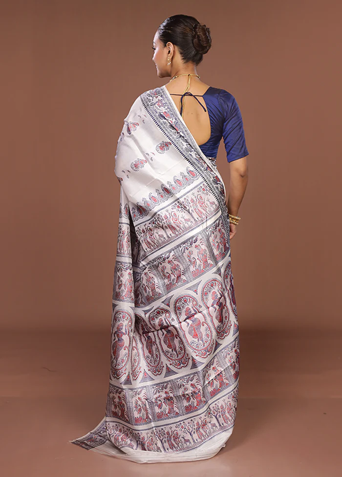 White Handloom Baluchari Pure Silk Saree With Blouse Piece - Image 3