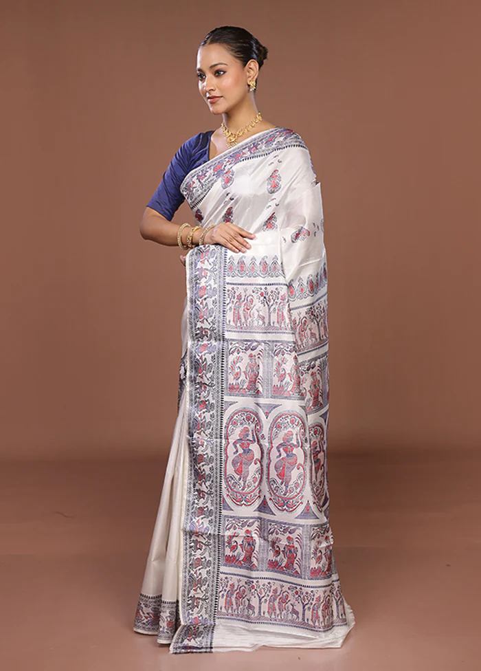 White Handloom Baluchari Pure Silk Saree With Blouse Piece - Image 4