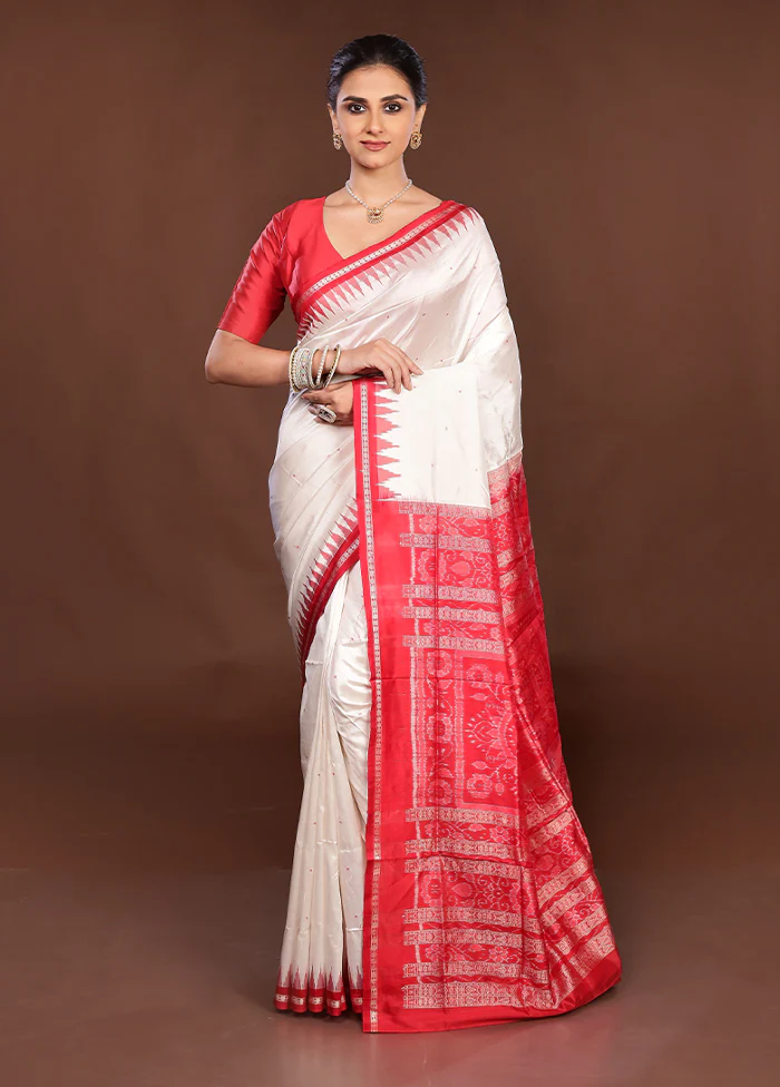 White Handloom Bomkai Pure Silk Saree With Blouse Piece - Image 2