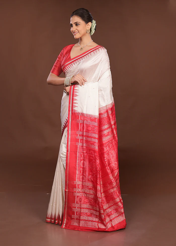 White Handloom Bomkai Pure Silk Saree With Blouse Piece - Image 4