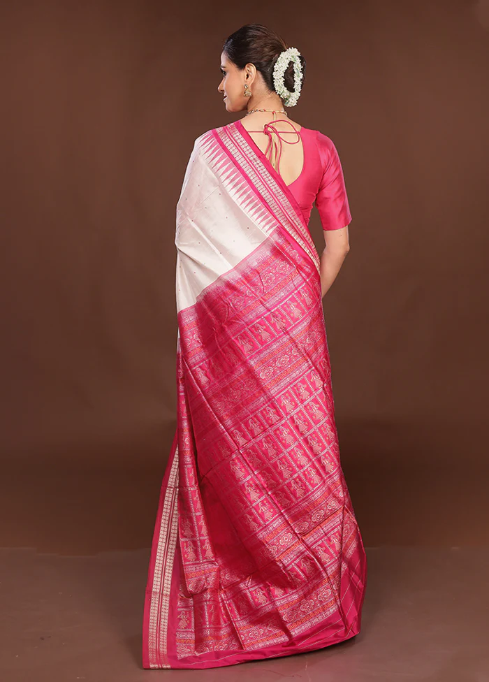 White Handloom Bomkai Pure Silk Saree With Blouse Piece - Image 3