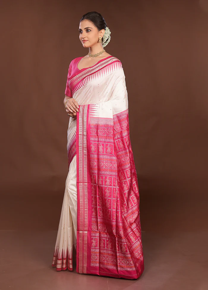 White Handloom Bomkai Pure Silk Saree With Blouse Piece - Image 4