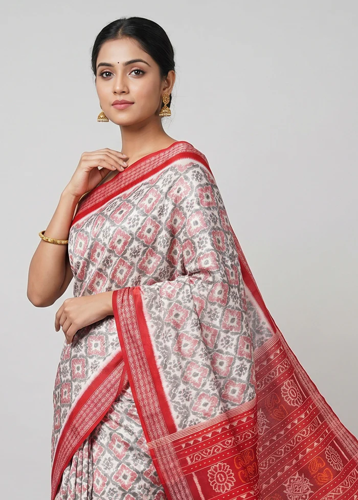 White Handloom Bomkai Pure Silk Saree With Blouse Piece - Image 2