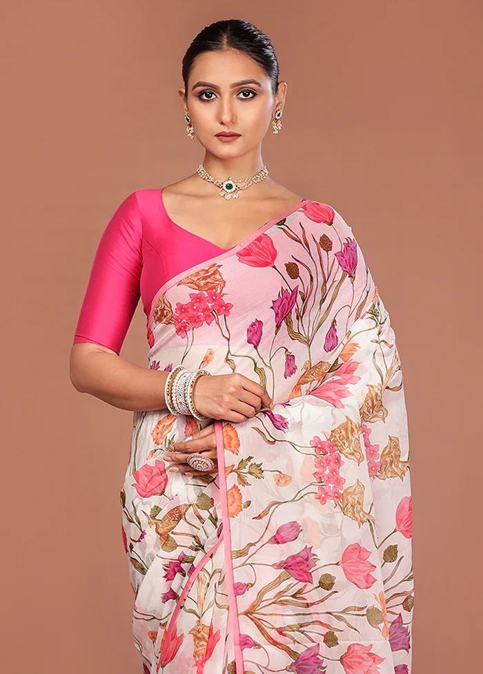 White Handloom Chiffon Pure Silk Saree With Blouse Piece