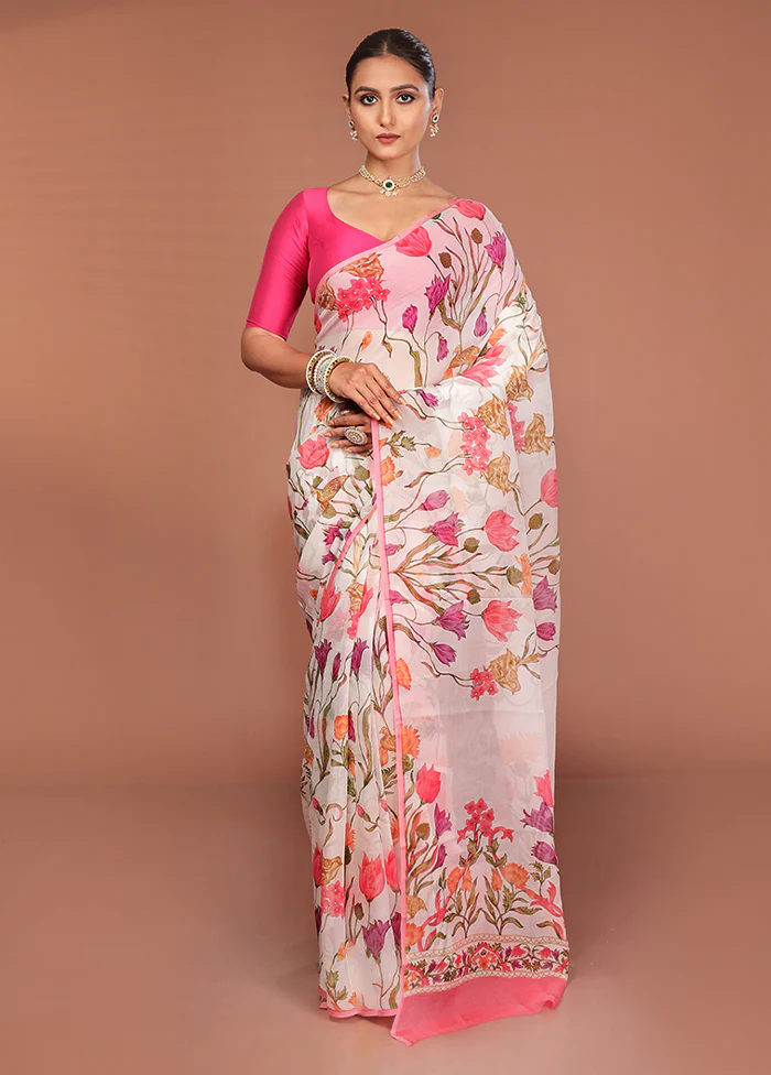 White Handloom Chiffon Pure Silk Saree With Blouse Piece - Image 2