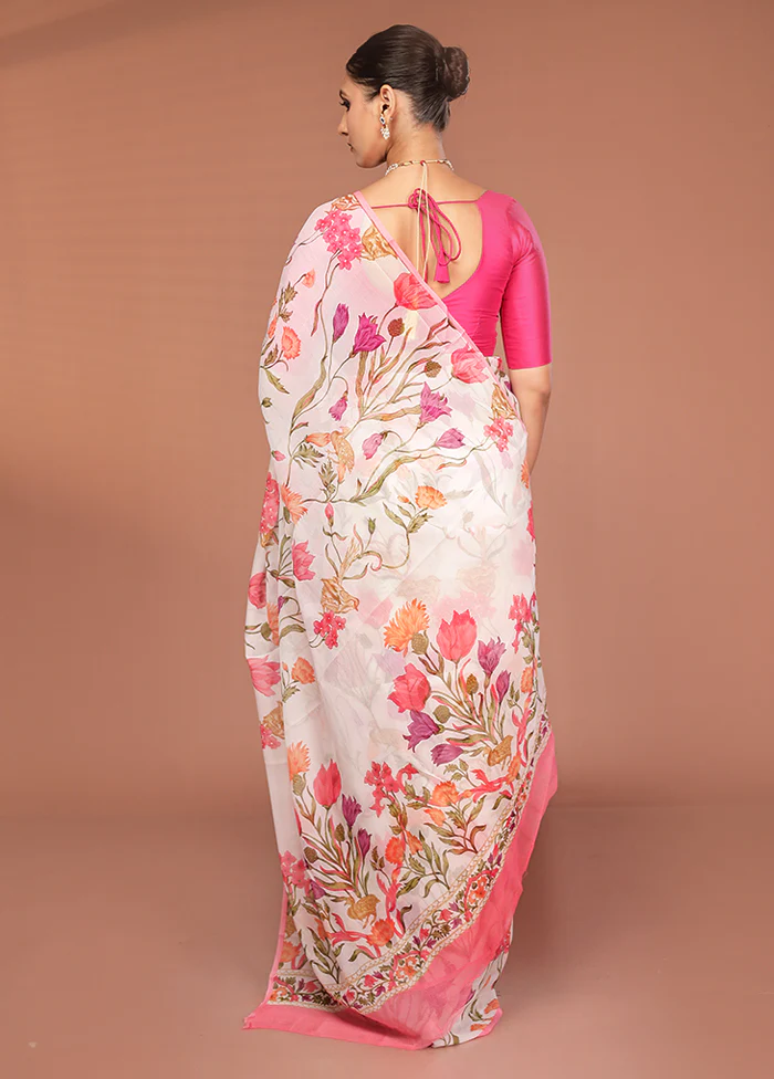 White Handloom Chiffon Pure Silk Saree With Blouse Piece - Image 3
