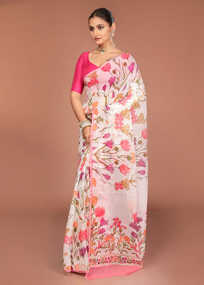 White Handloom Chiffon Pure Silk Saree With Blouse Piece - Image 4