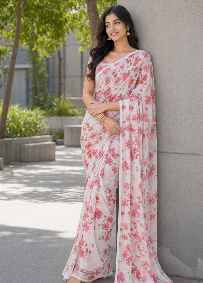 White Handloom Chiffon Pure Silk Saree With Blouse Piece - Image 3