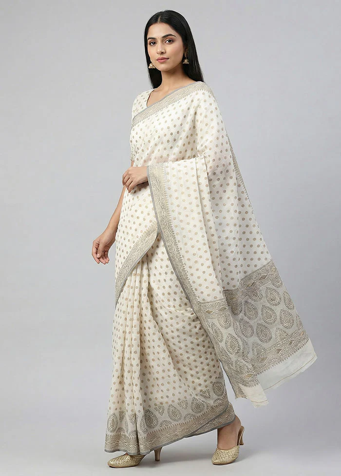 White Handloom Dupion Silk Saree With Blouse Piece