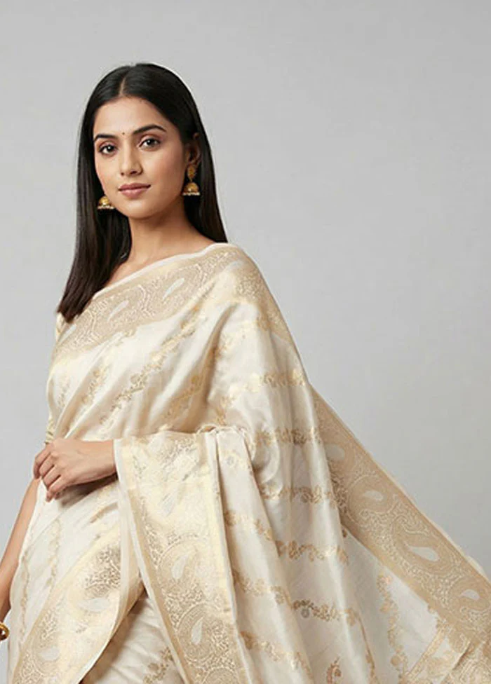 White Handloom Dupion Pure Silk Saree With Blouse Piece - Image 2