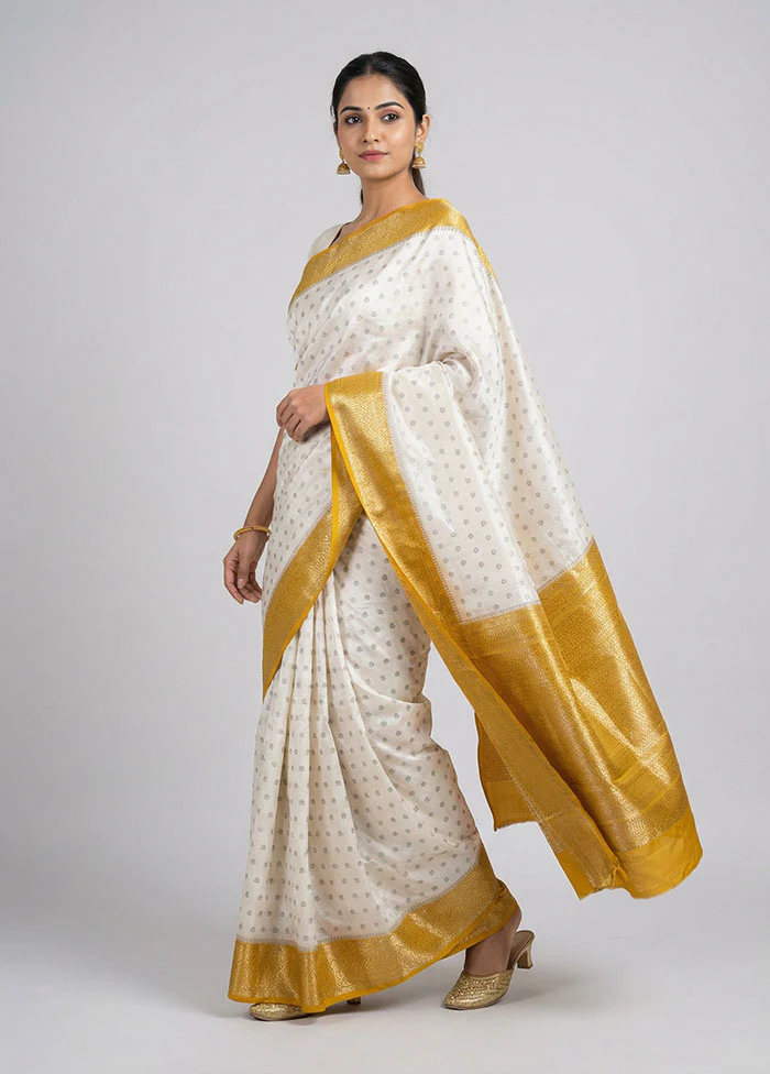 White Handloom Dupion Pure Silk Saree With Blouse Piece