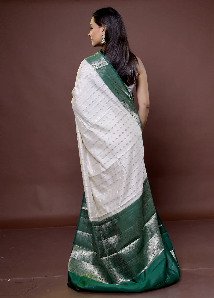 White Handloom Dupion Pure Silk Saree With Blouse Piece - Image 3