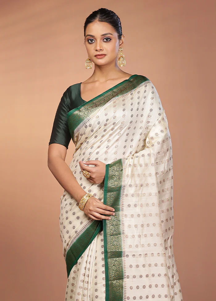 White Handloom Dupion Pure Silk Saree With Blouse Piece
