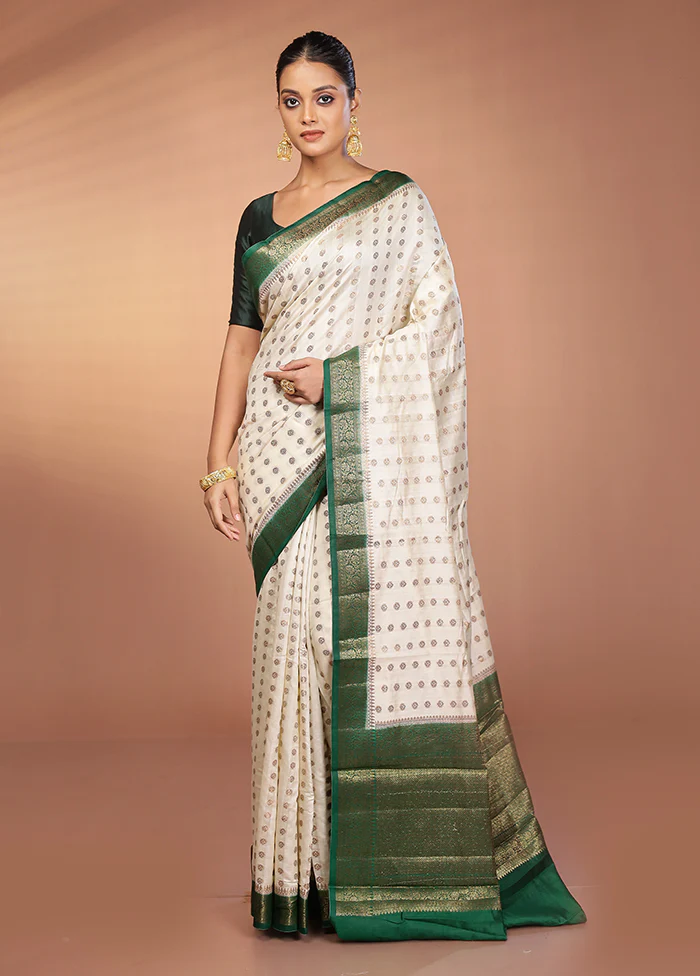 White Handloom Dupion Pure Silk Saree With Blouse Piece - Image 2
