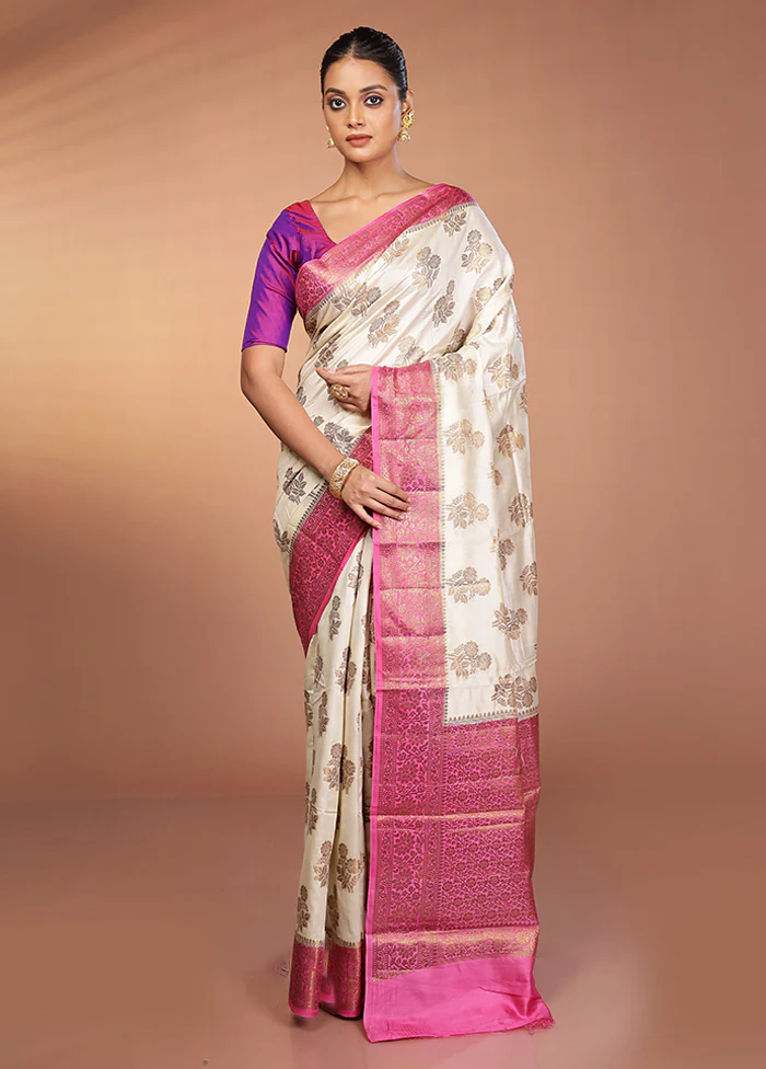 White Handloom Dupion Pure Silk Saree With Blouse Piece - Image 2