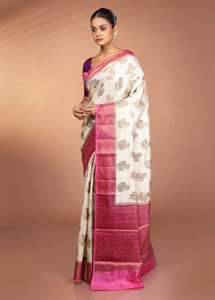 White Handloom Dupion Pure Silk Saree With Blouse Piece - Image 4