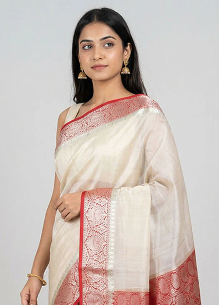 White Handloom Dupion Pure Silk Saree With Blouse Piece - Image 2