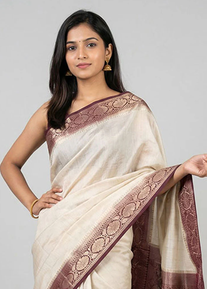 White Handloom Dupion Pure Silk Saree With Blouse Piece - Image 2