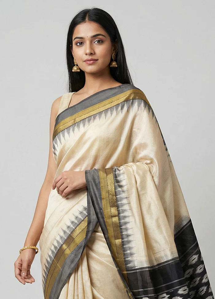 White Handloom Ikkat Pure Silk Saree With Blouse Piece - Image 2