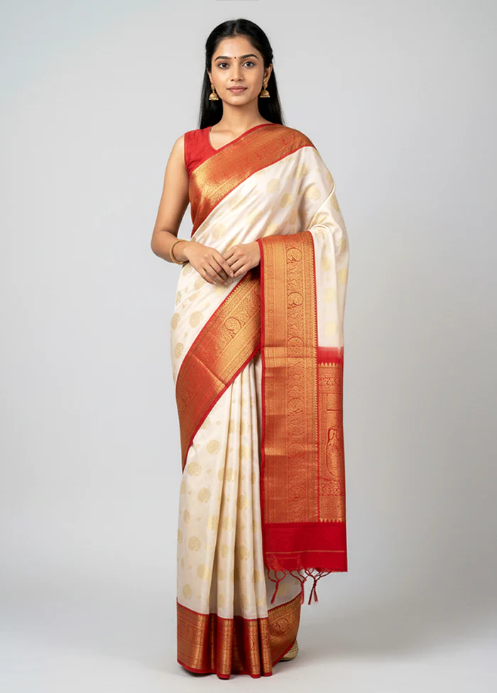 White Handloom Kanchipuram Pure Silk Saree With Blouse Piece