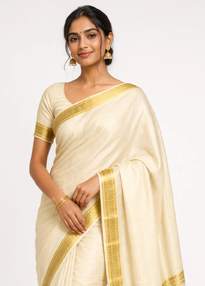 White Handloom Kanjivaram Pure Silk Saree With Blouse Piece - Image 2