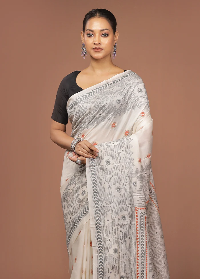 White Handloom Kantha Stitch Pure Silk Saree With Blouse Piece