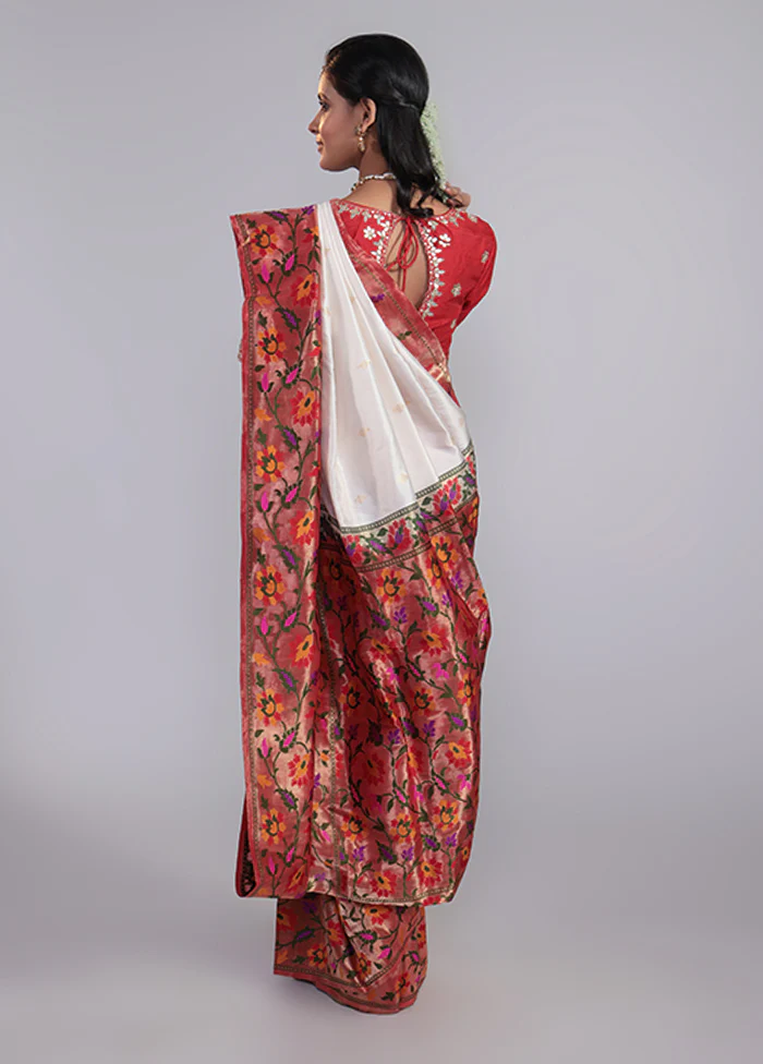 White Handloom Katan Pure Silk Saree With Blouse Piece - Image 3