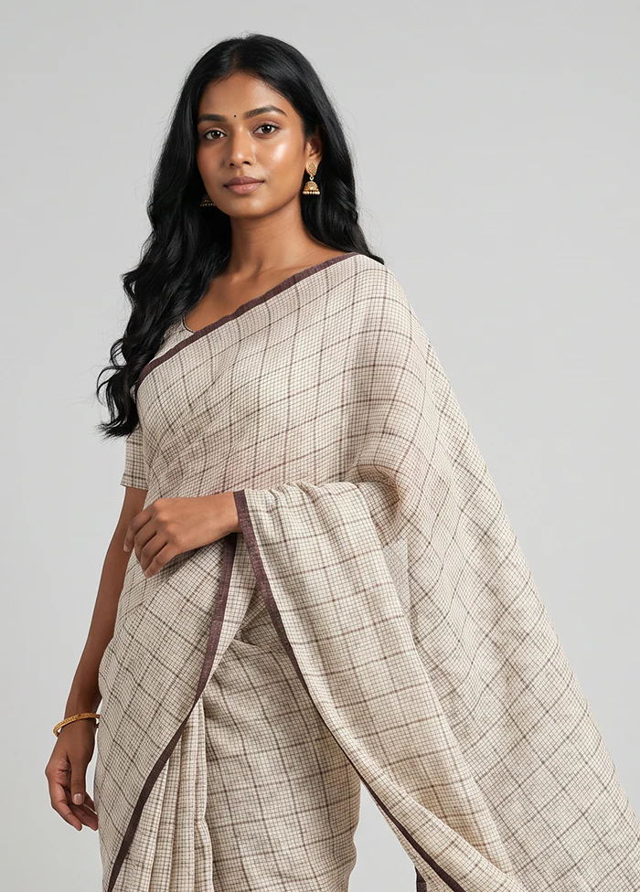 White Handloom Linen Pure Silk Saree With Blouse Piece - Image 2