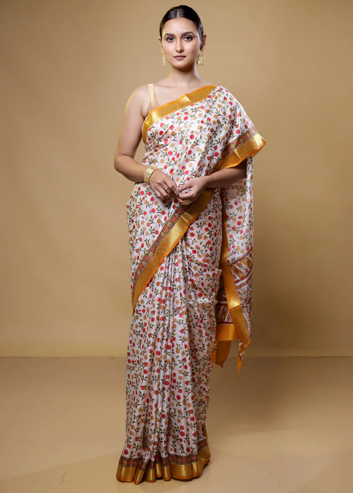White Handloom Printed Pure Silk Saree Without Blouse Piece - Image 2