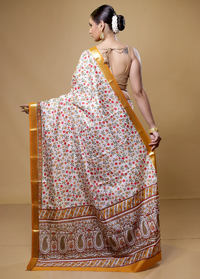 White Handloom Printed Pure Silk Saree Without Blouse Piece - Image 3