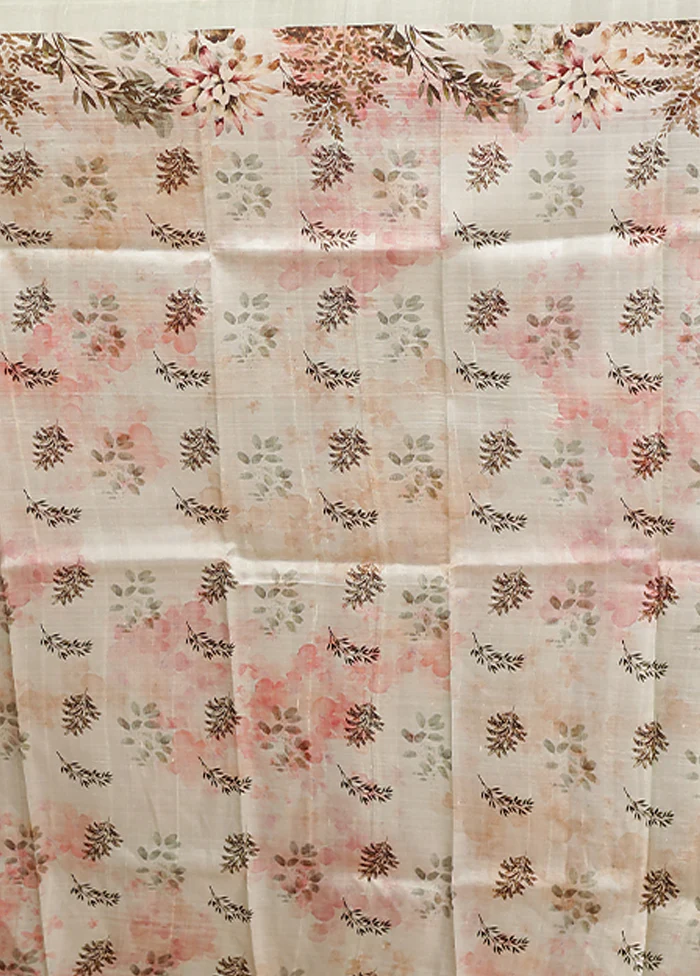White Handloom Printed Pure Silk Saree Without Blouse Piece - Image 5