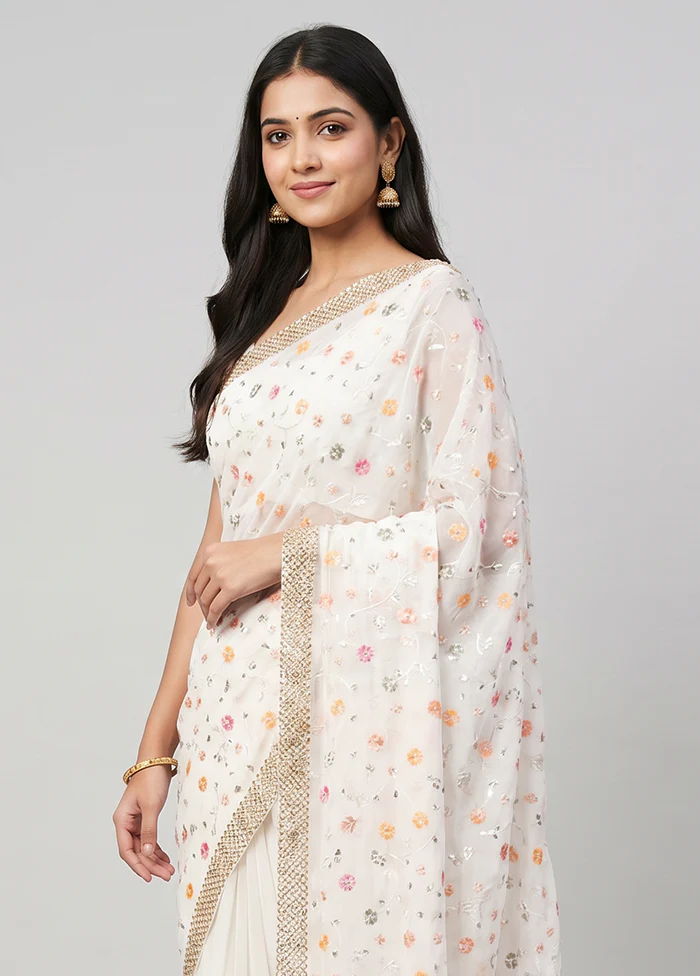 White Handloom Pure Georgette Saree With Blouse Piece - Image 2