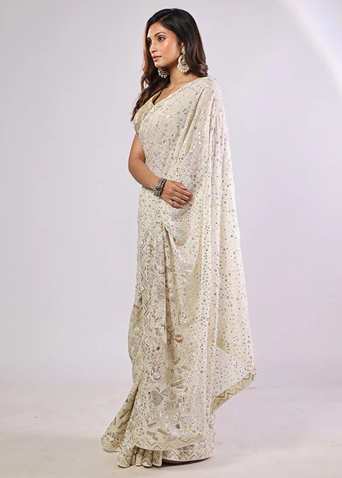 White Handloom Pure Georgette Saree With Blouse Piece - Image 3