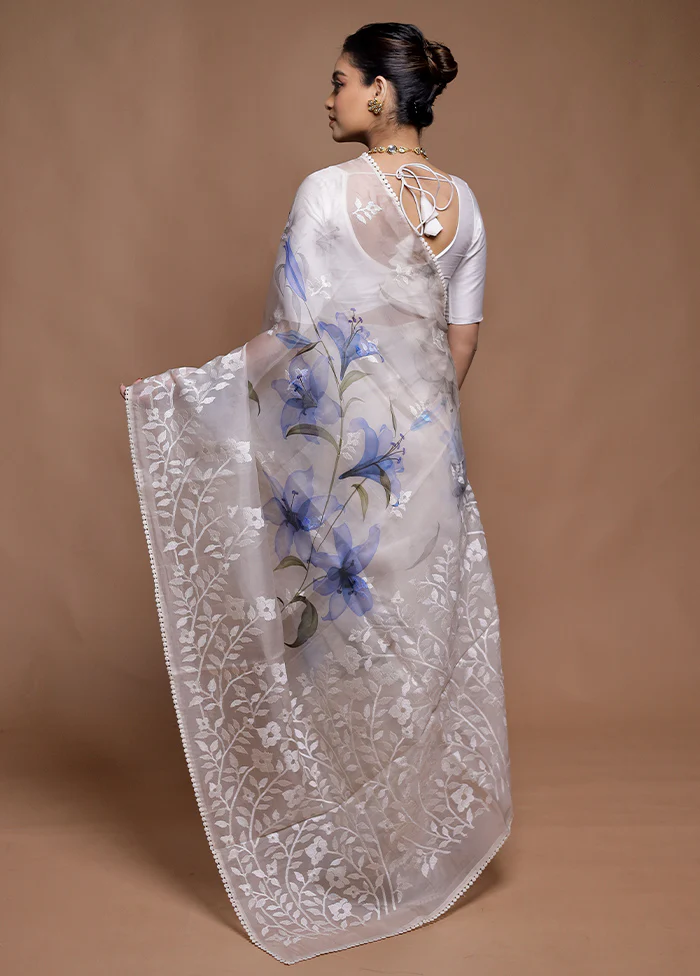White Handloom Pure Organza Saree With Blouse Piece - Image 3