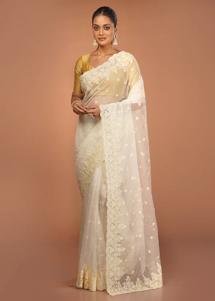 White Handloom Pure Organza Saree With Blouse Piece - Image 2