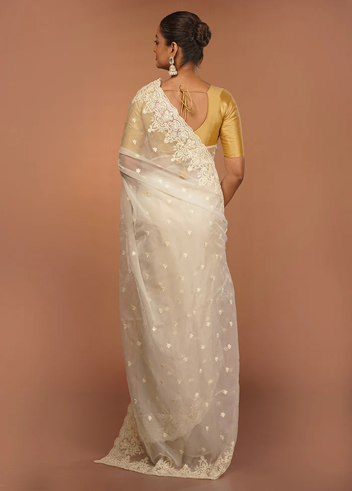 White Handloom Pure Organza Saree With Blouse Piece - Image 3
